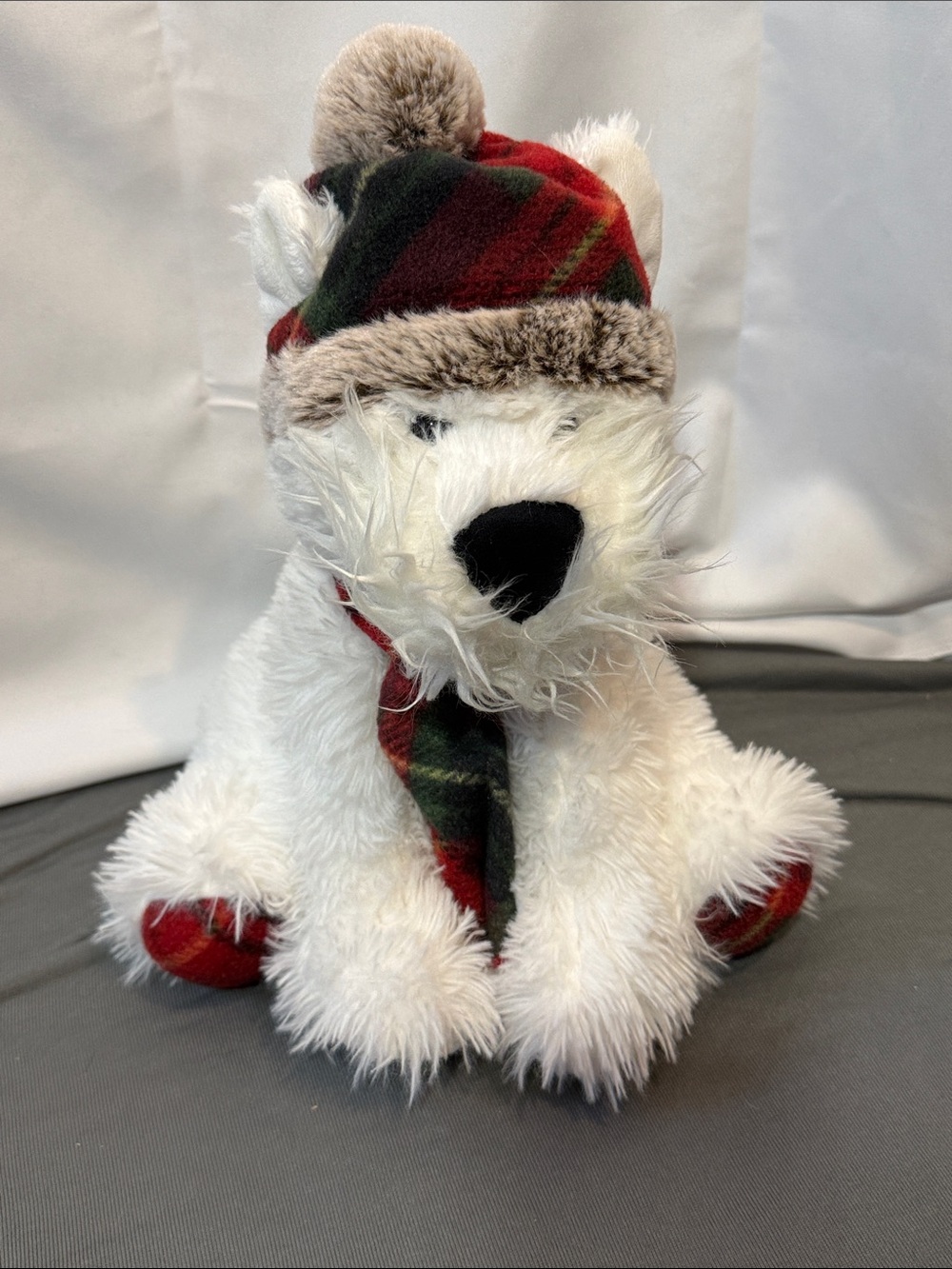 Plush White Dog with Red & Green Plaid Hat and Scarf